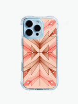 Ethnic geometric PhoneCasing iPhone 14 Pro Max Case with symmetrical arrow and diamond totem design in soft pink and brown hues.