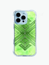 PhoneCasing iPhone 14 Pro Max Case featuring a tribal arrow geometric design on a fresh forest green watercolor background, with stippled texture.
