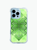 Forest tribal geometric PhoneCasing iPhone 14 Pro Max Case with a fresh green watercolor background, stippled texture, and natural earthy tones.