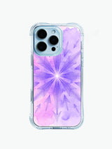 Glowing stippled arrow mandala PhoneCasing iPhone 14 Pro Max Case, featuring a purple neon design on a soft pink watercolor wash.