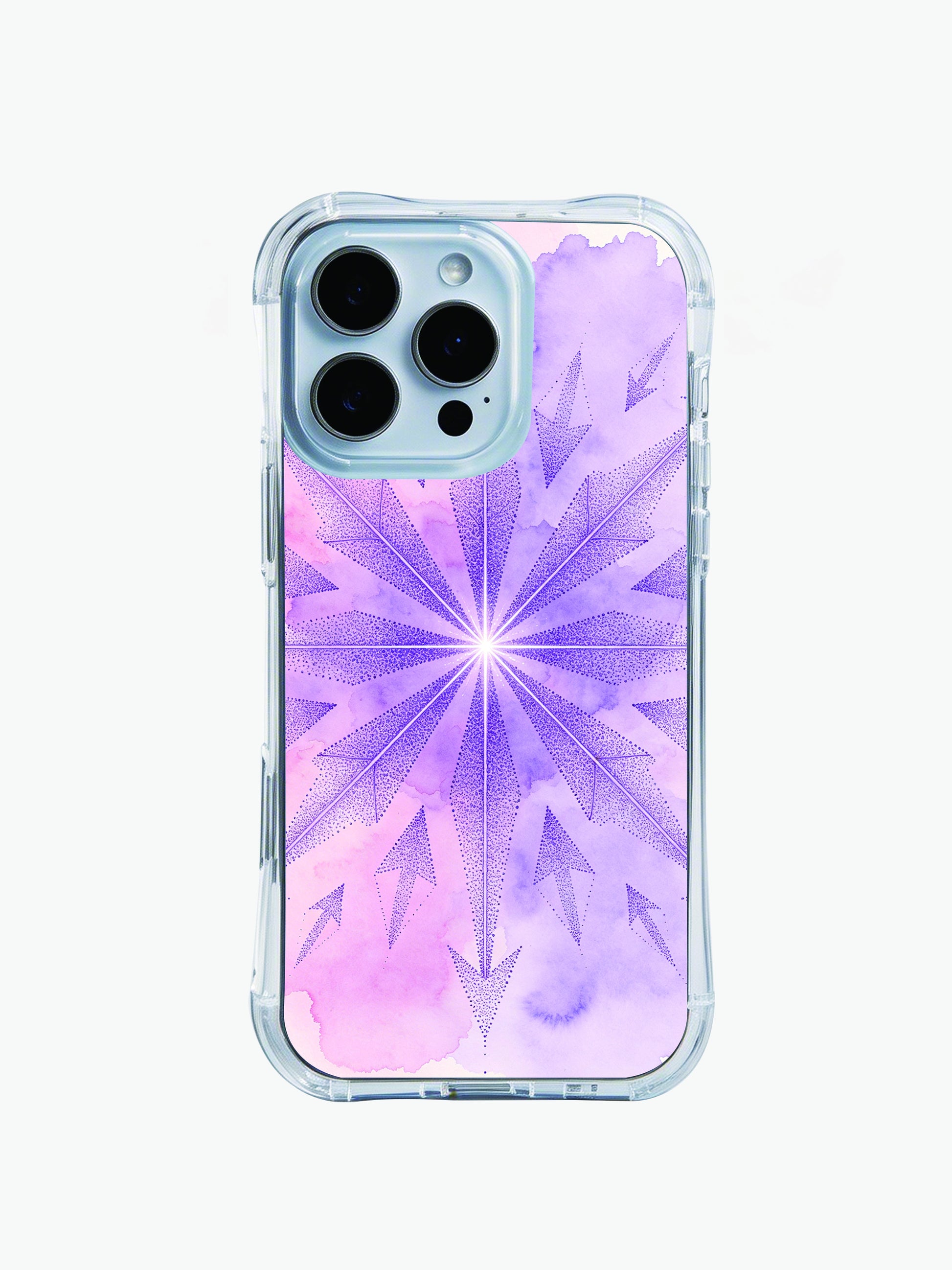 Glowing stippled arrow mandala PhoneCasing iPhone 14 Pro Max Case, featuring a purple neon design on a soft pink watercolor wash.