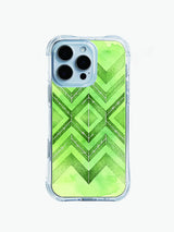 Green tribal compass PhoneCasing iPhone 14 Pro Max Case, with a hand-drawn arrow mandala and stippled texture on a fresh watercolor background.