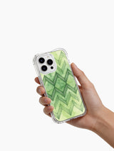 Green watercolor tribal art PhoneCasing iPhone 14 Pro Max Case, featuring a stippled arrow mandala and fresh natural gradient background.