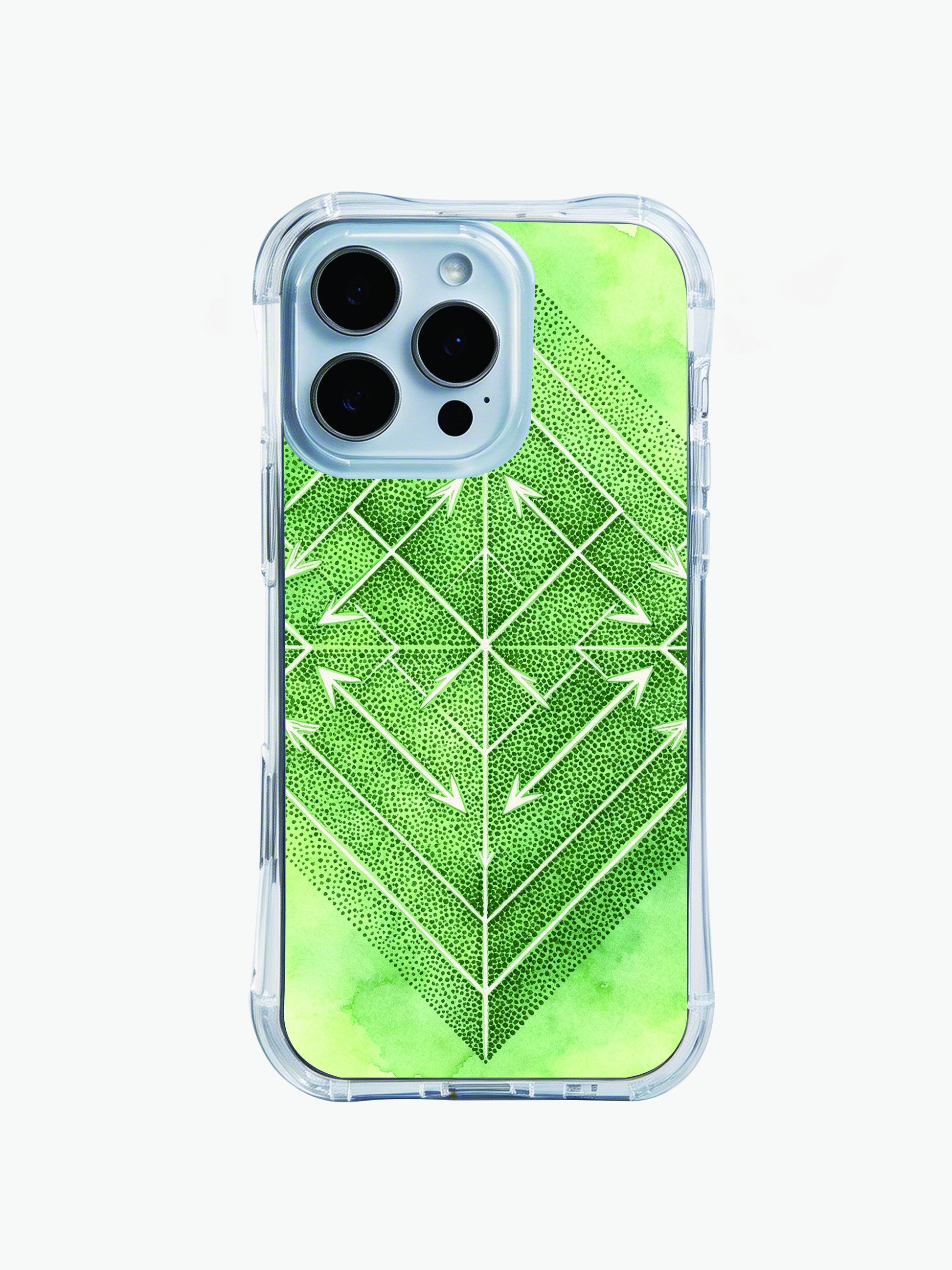 Green watercolor tribal symmetry PhoneCasing iPhone 14 Pro Max Case, featuring a hand-drawn arrow mandala on a soft natural gradient.