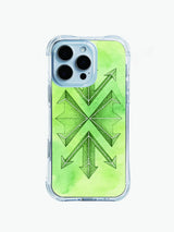 Hand-drawn green bohemian PhoneCasing iPhone 14 Pro Max Case with a tribal arrow pattern, featuring a fresh watercolor gradient and stippled texture.
