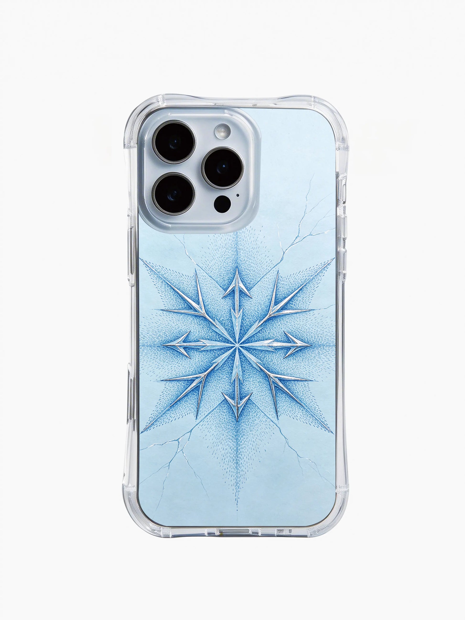 PhoneCasing iPhone 14 Pro Max Case with light blue snowflake art, frosty watercolor texture and subtle silver accents