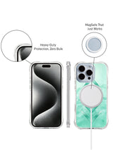 Front and back phone presentation with mint geometric artwork and a circular accessory.