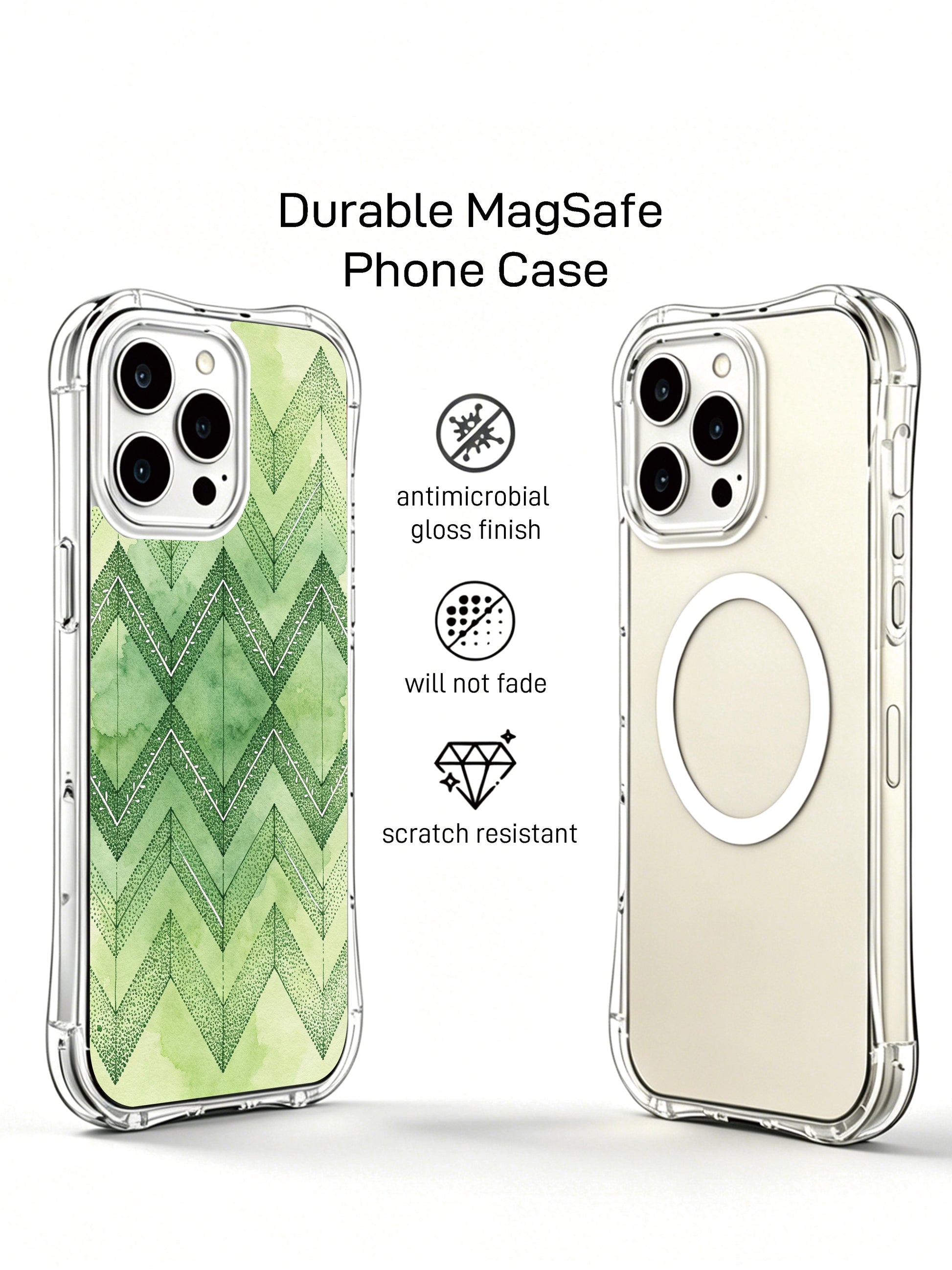 Natural tribal symmetry PhoneCasing iPhone 14 Pro Max Case with a green watercolor background, stippled texture, and hand-drawn arrow mandala.