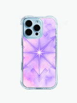 Neon arrow compass PhoneCasing iPhone 14 Pro Max Case, hand-drawn with stippled texture on a dreamy pink-purple watercolor gradient.