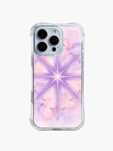 PhoneCasing iPhone 14 Pro Max Case featuring a neon mandala design on a dreamy pink-purple watercolor background, with glowing stippled texture.
