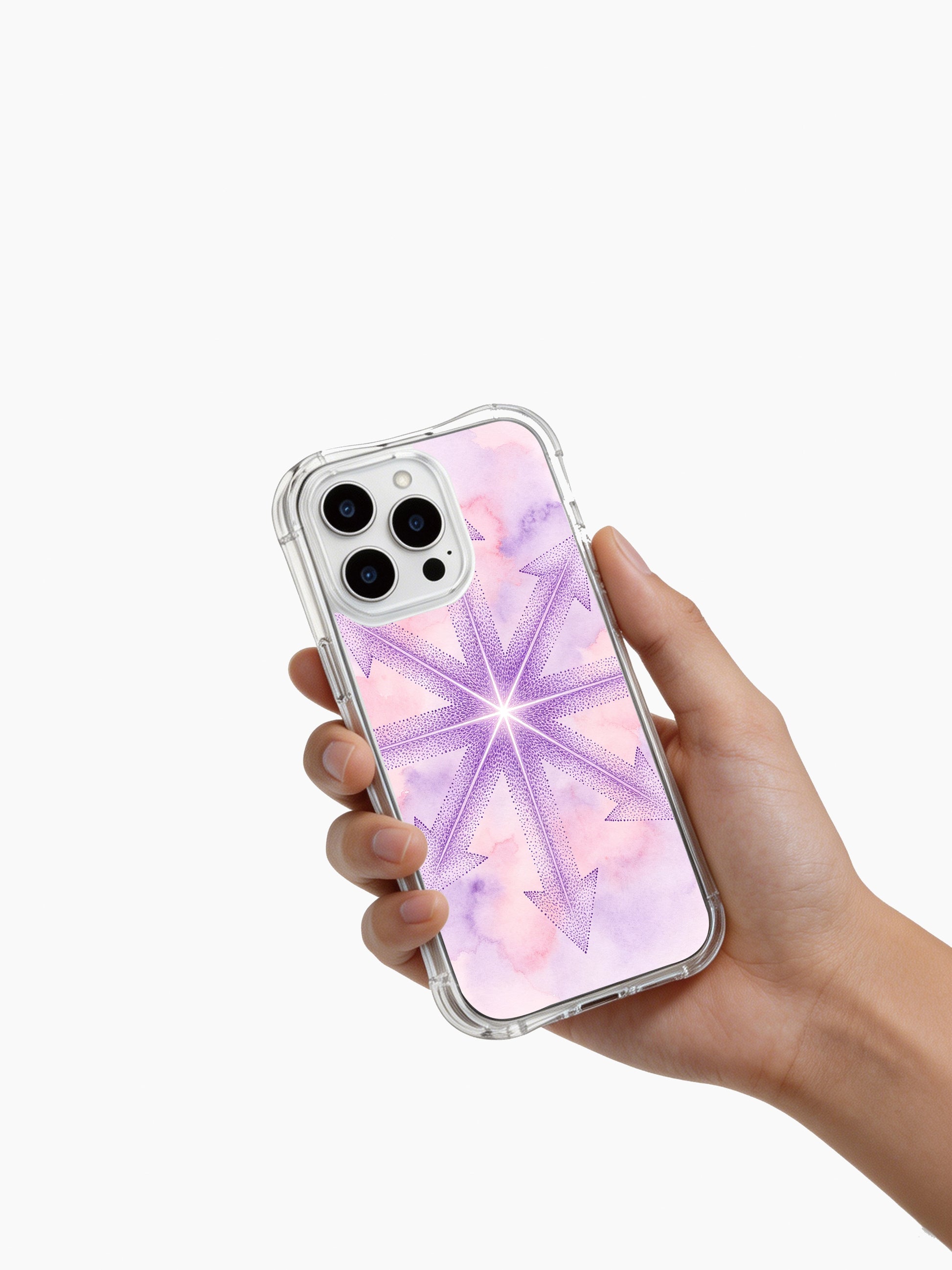 Pastel purple watercolor totem design PhoneCasing iPhone 14 Pro Max Case, featuring a glowing arrow mandala and dreamy gradient background.