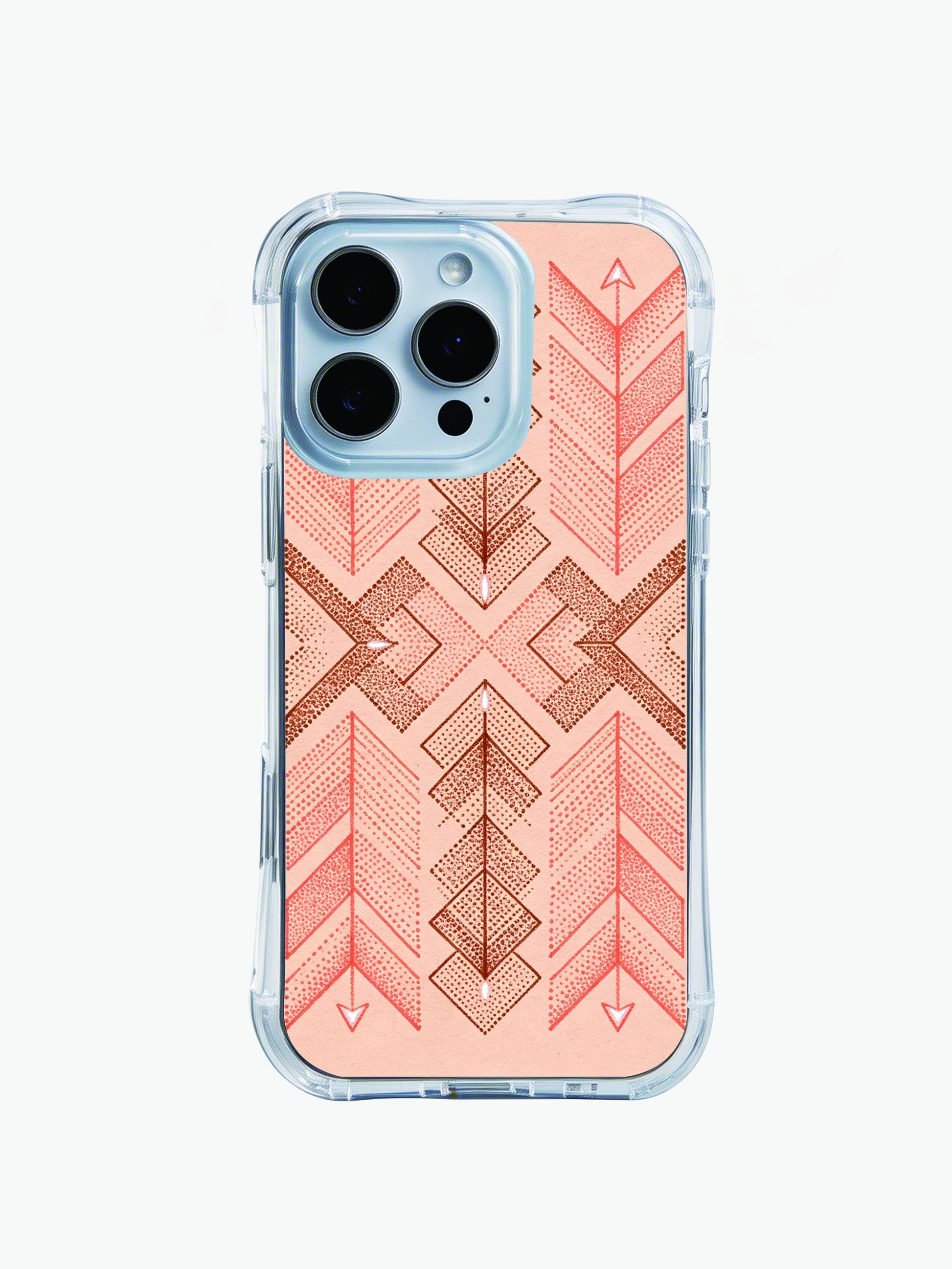 Pink and brown arrow pattern PhoneCasing iPhone 14 Pro Max Case with stippled texture and ethnic geometric symmetry.