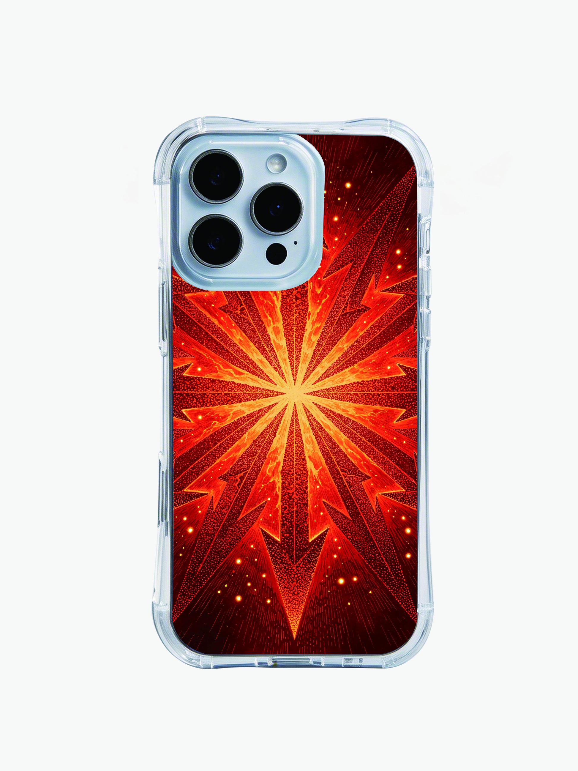 PhoneCasing iPhone 14 Pro Max Case with radial tribal arrow design, warm terracotta background, slim lightweight protective cover.