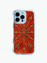 PhoneCasing iPhone 14 Pro Max Case featuring a tribal arrow geometric design on a rustic terracotta background, with hand-drawn stippled texture.