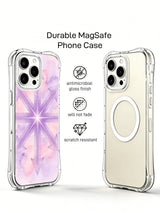 Spiritual symmetry PhoneCasing iPhone 14 Pro Max Case with a neon arrow mandala, hand-drawn on a soft pink-purple watercolor backdrop.