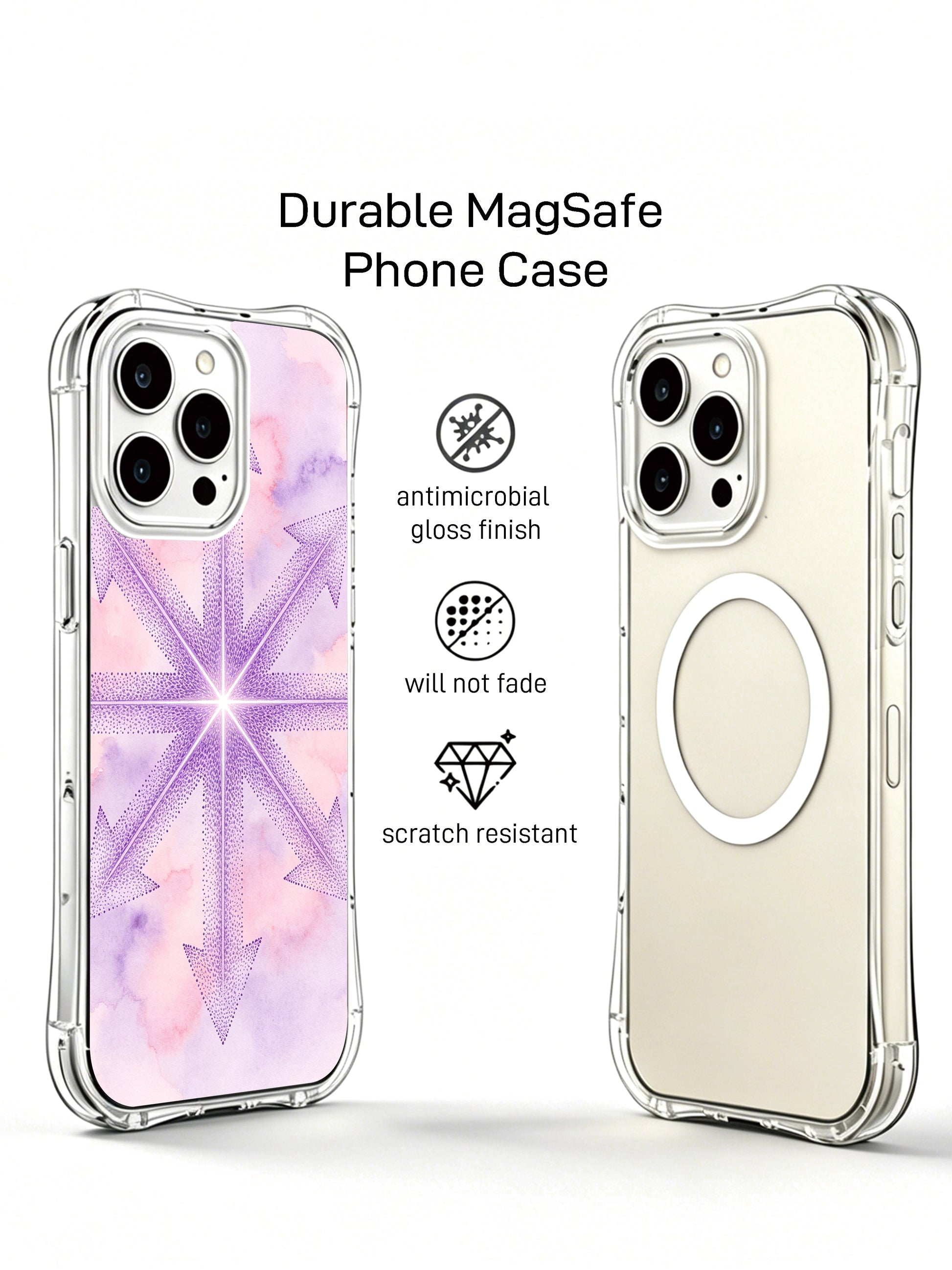 Spiritual symmetry PhoneCasing iPhone 14 Pro Max Case with a neon arrow mandala, hand-drawn on a soft pink-purple watercolor backdrop.