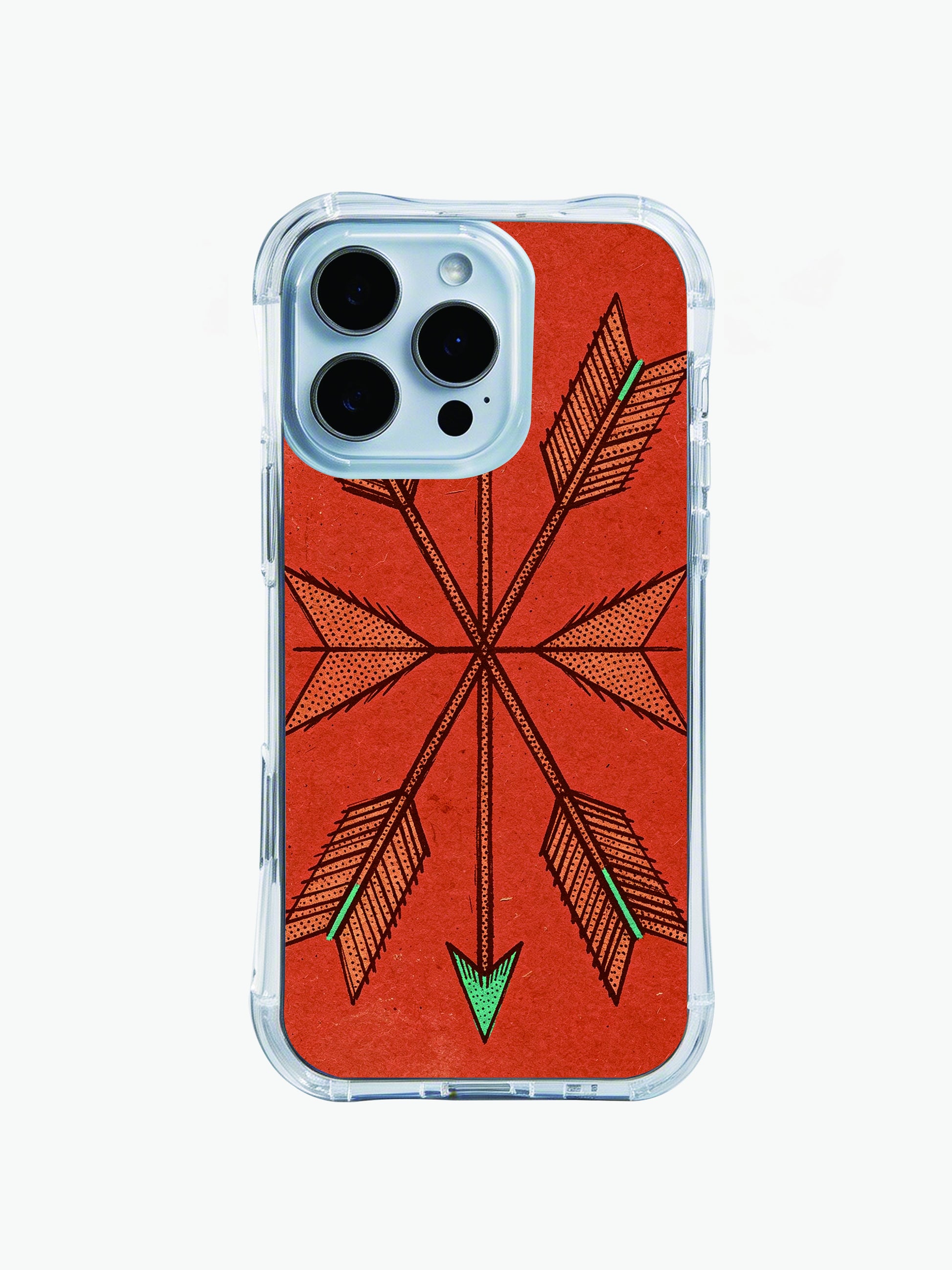 Terracotta tribal arrow PhoneCasing iPhone 14 Pro Max Case, hand-drawn with stippled texture on a rustic worn red background.
