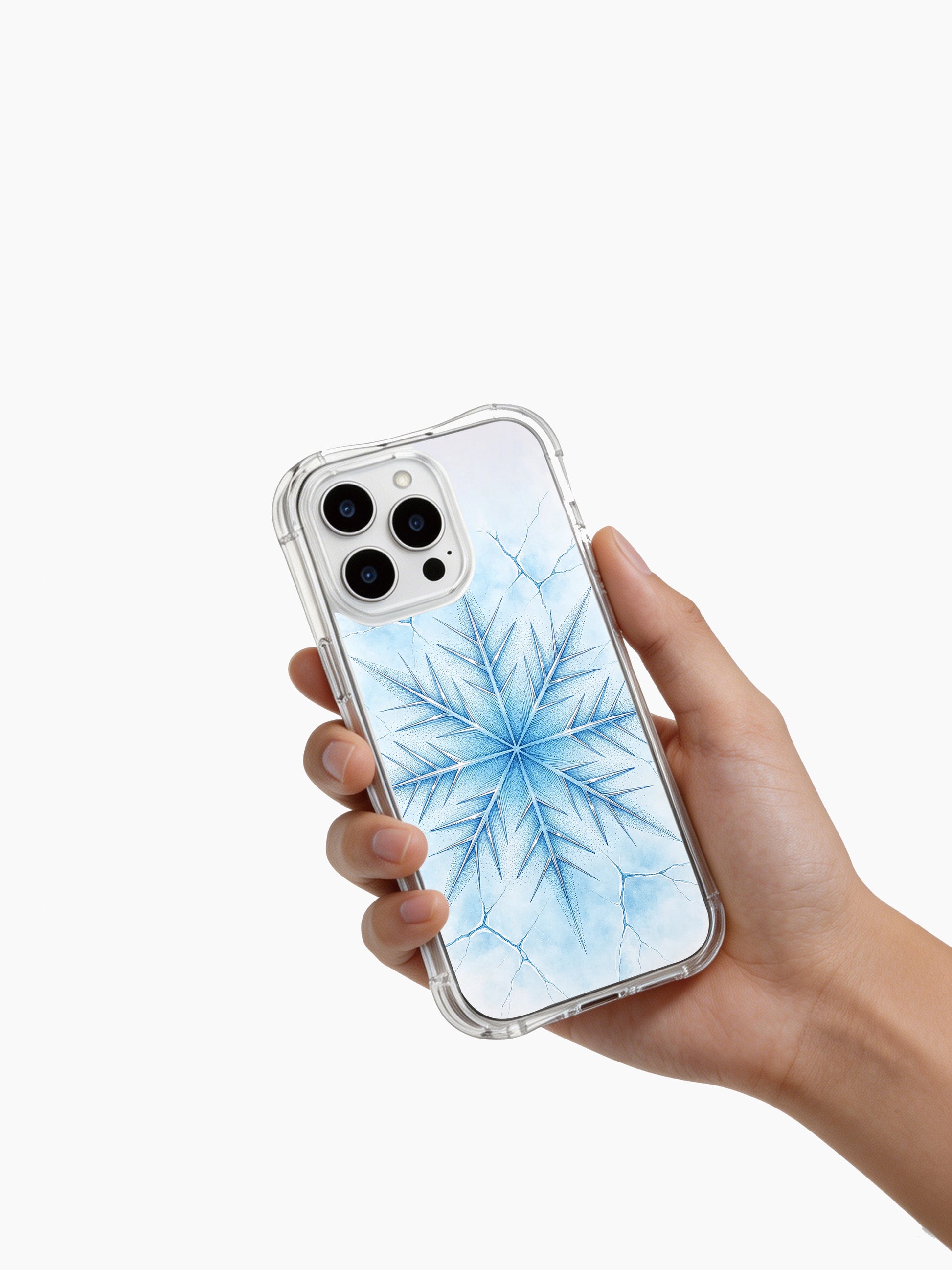PhoneCasing iPhone 14 Pro Max Case with winter ice snowflake design, hand-painted cracked frost texture and stippled details