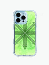 Woodland tribal stippled PhoneCasing iPhone 14 Pro Max Case, featuring a geometric arrow pattern on a vibrant green watercolor wash.