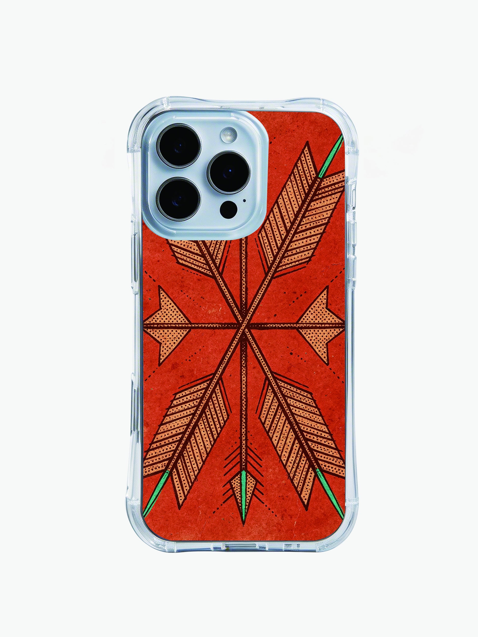 Worn red bohemian PhoneCasing iPhone 14 Pro Max Case with a tribal arrow totem, designed for a vintage desert vibe.