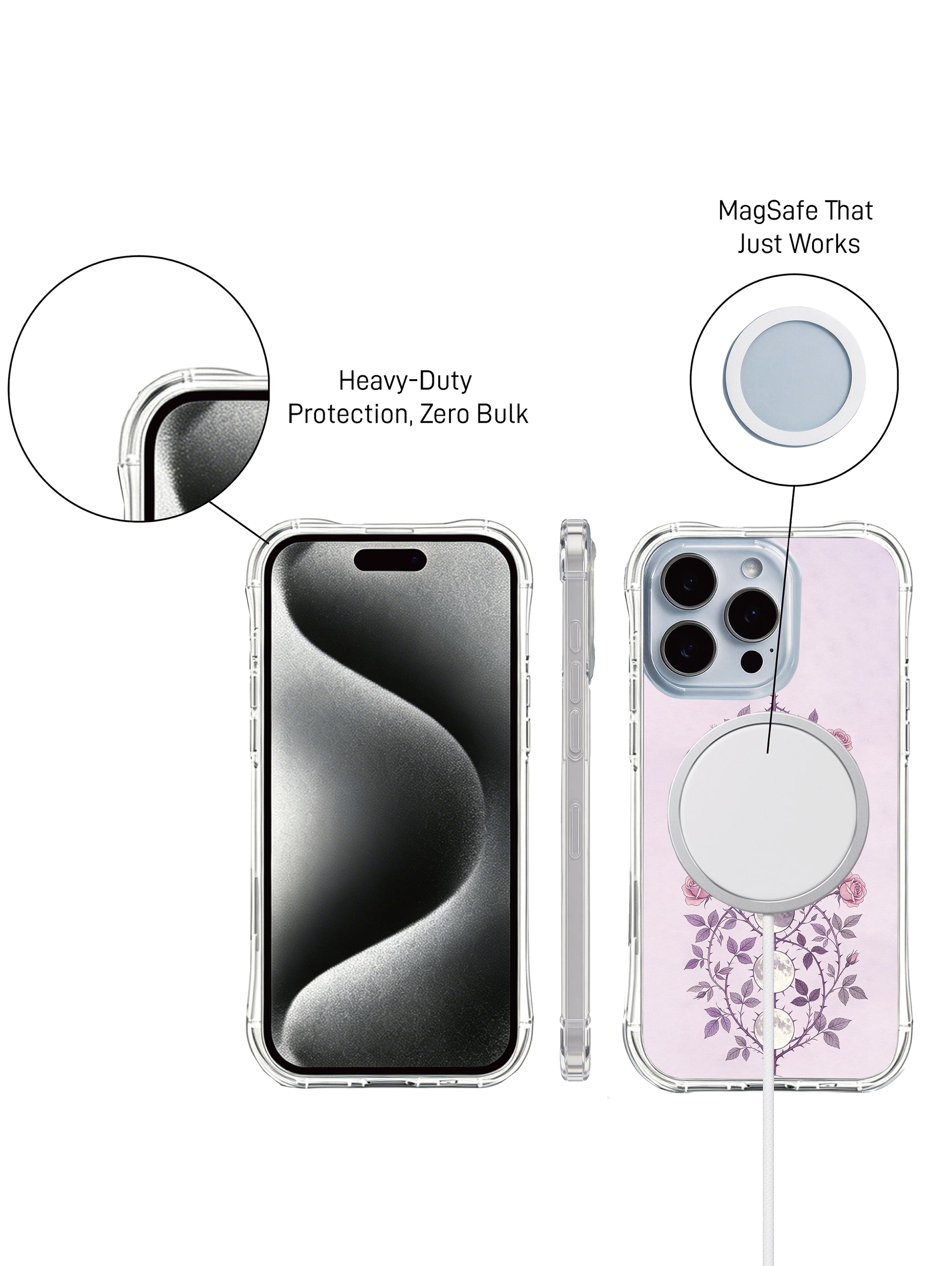 PhoneCasing iPhone 15 Case with artist designed lunar phases and thorny roses art print