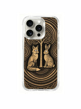 PhoneCasing iPhone 15 pro Case elegant black amber folk linocut rabbit fox design, rare limited exclusive from PhoneCasing official artist collection.