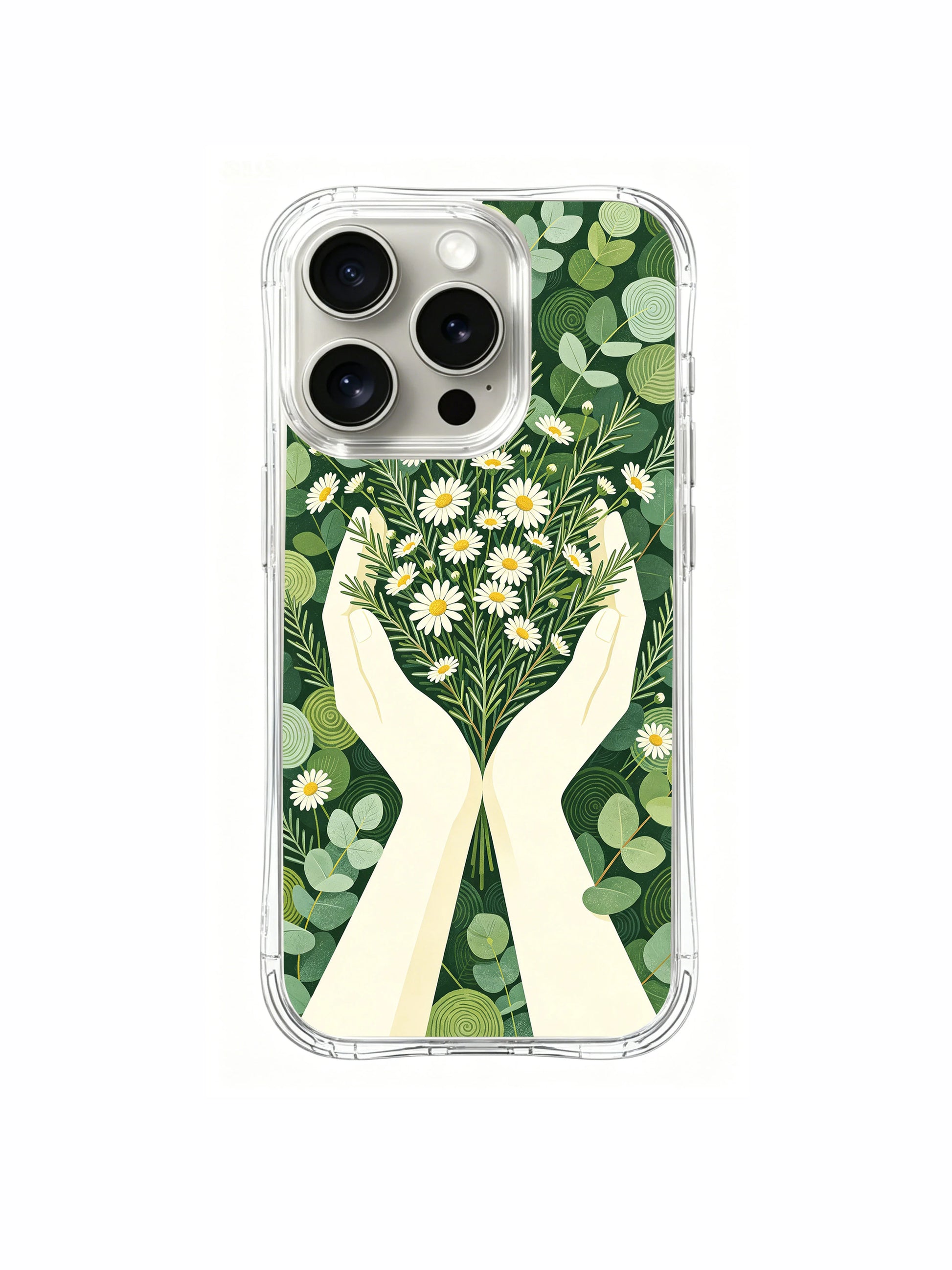 PhoneCasing iPhone 15 pro Case aesthetic hands-and-eucalyptus art, an exclusive limited edition design by Elena Rostova.