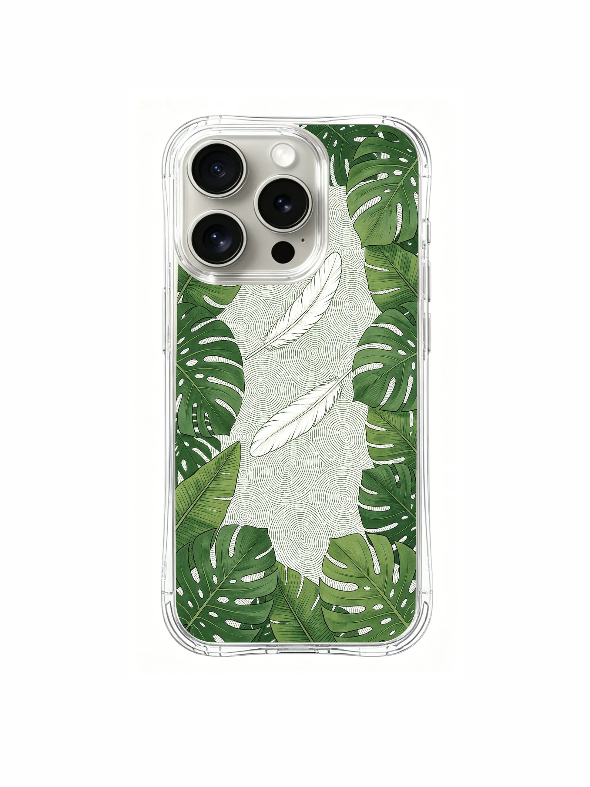 PhoneCasing iPhone 15 Pro Case artistic monstera and nature totem, an exclusive collaboration design by Elena Rostova.