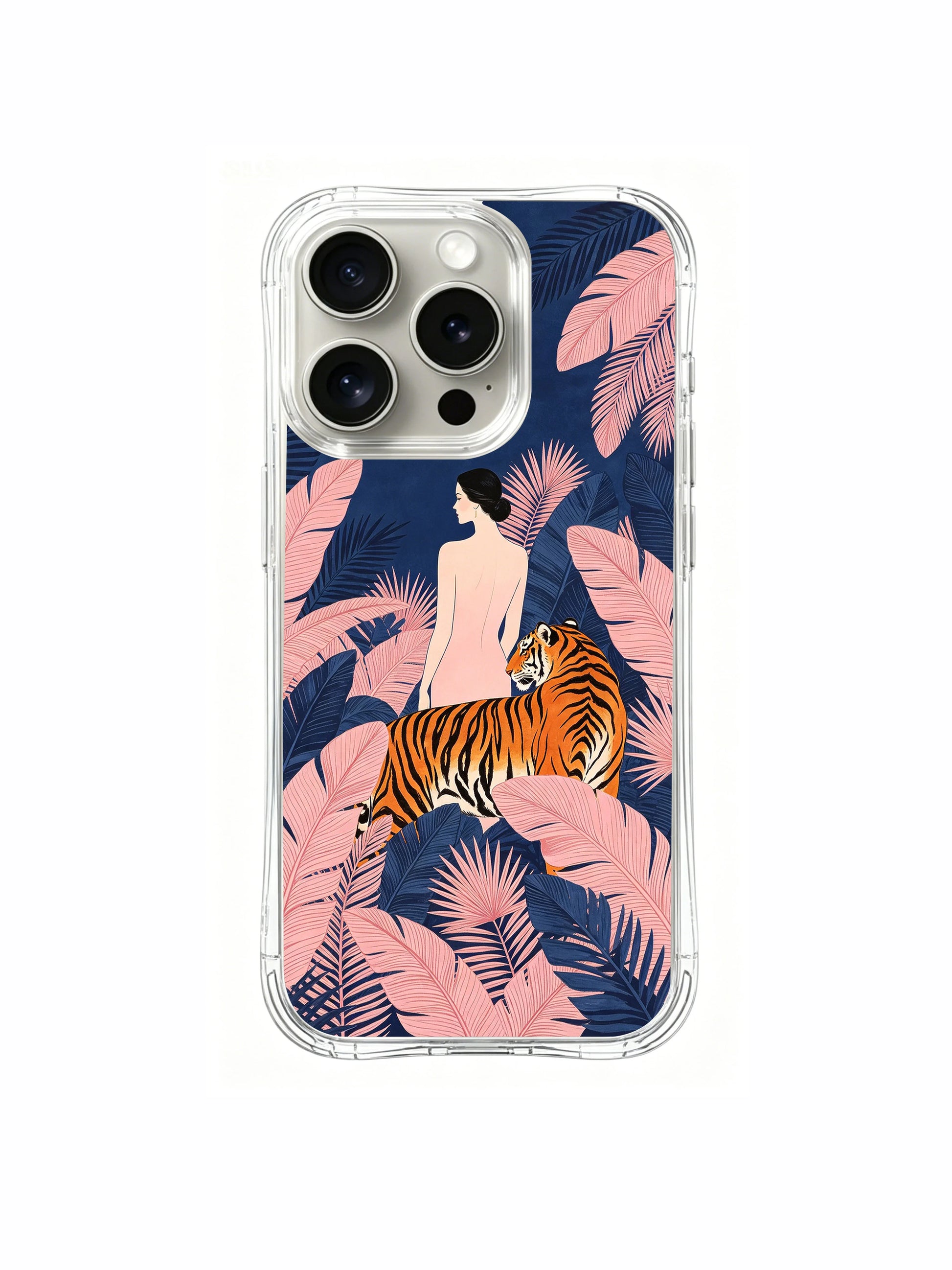 PhoneCasing iPhone 15 Pro Case artistic tiger and jungle design, an exclusive collaboration by Elena Rostova.
