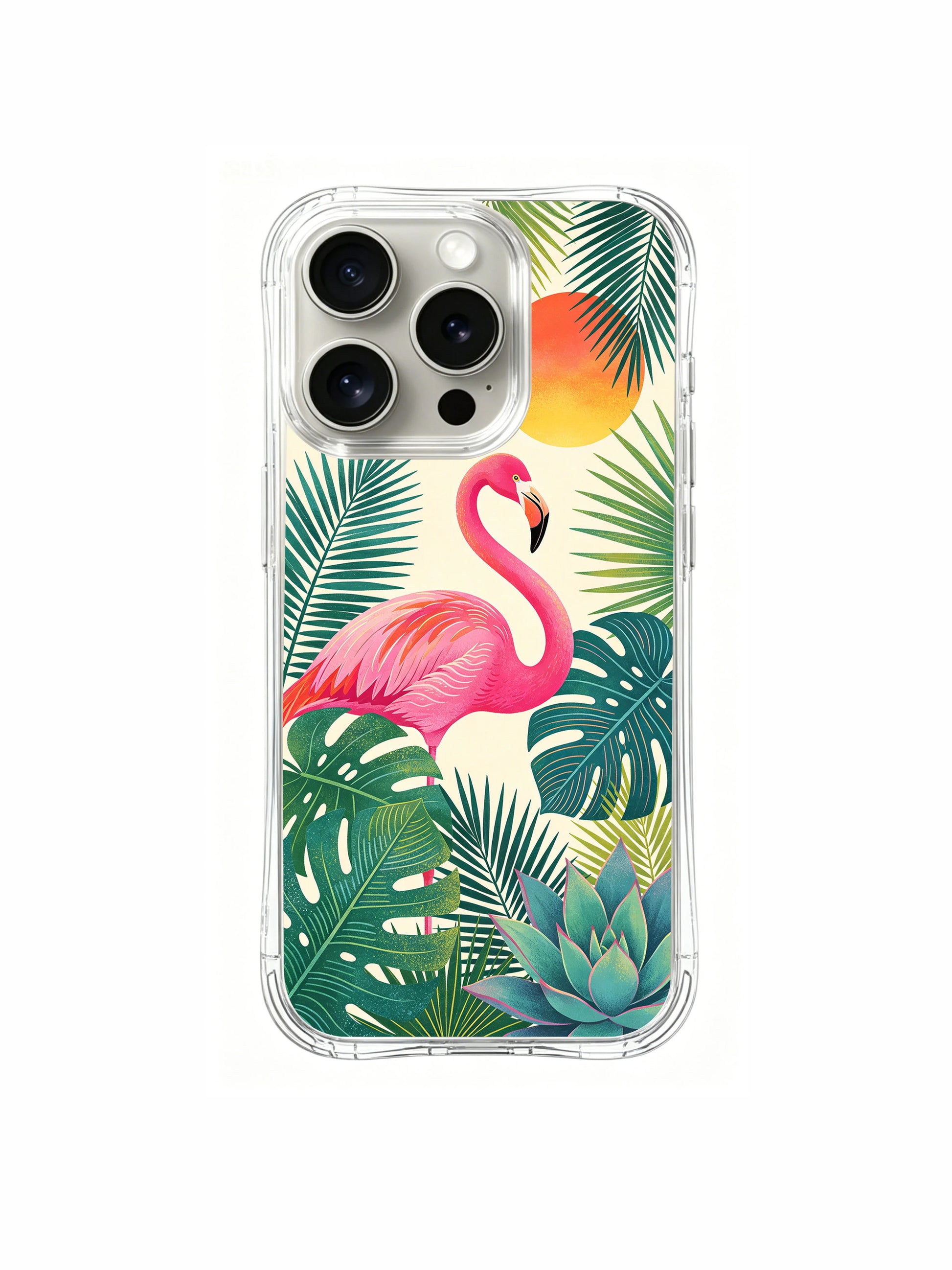 PhoneCasing iPhone 15 Pro Case with bright color flamingo art, a bold tropical statement for your device.