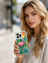 Flamingo jungle artwork on an iPhone 15 Pro case