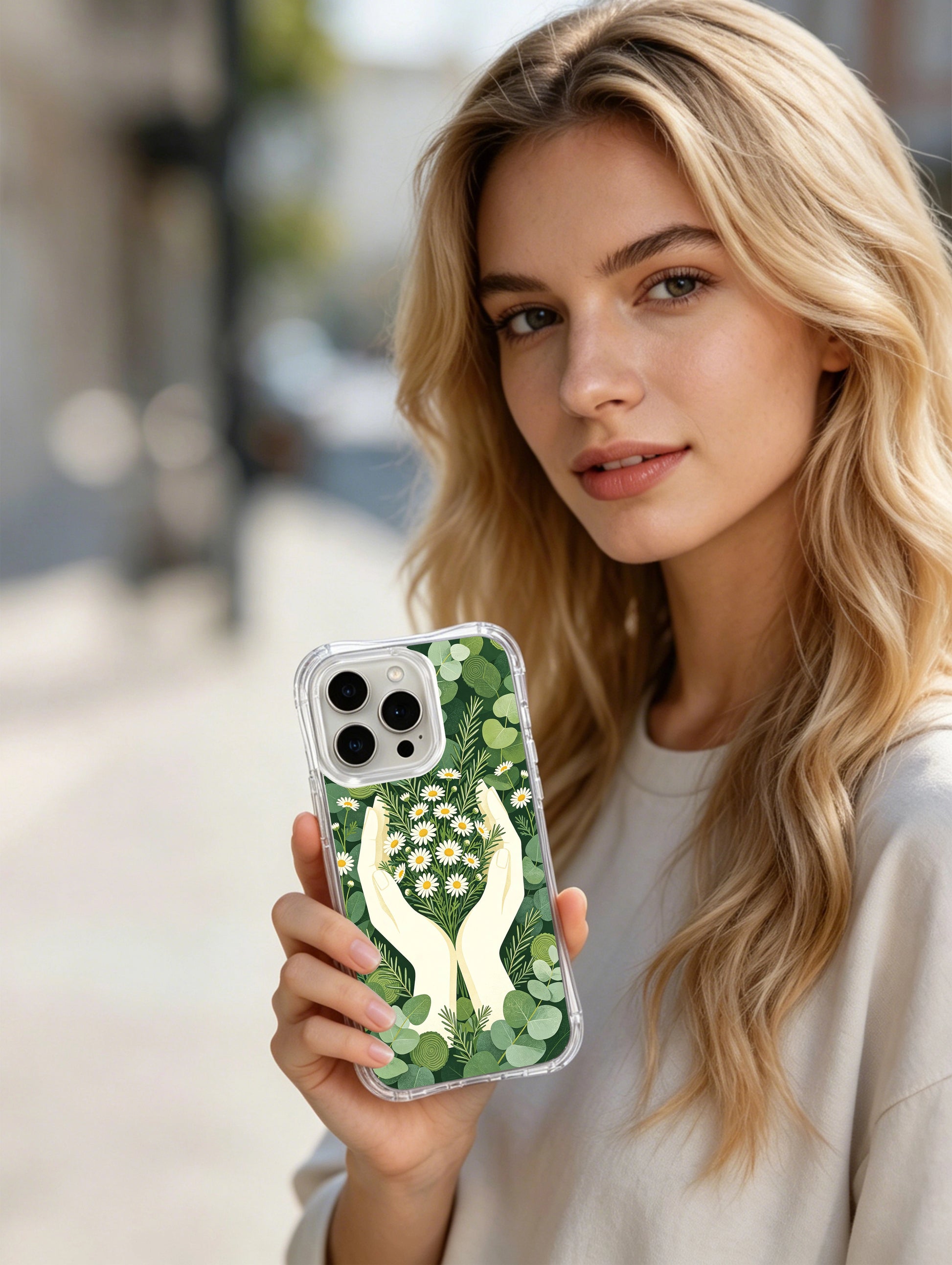 PhoneCasing iPhone 15 pro Case made in California, featuring Elena Rostova’s tranquil herbal and hands design.