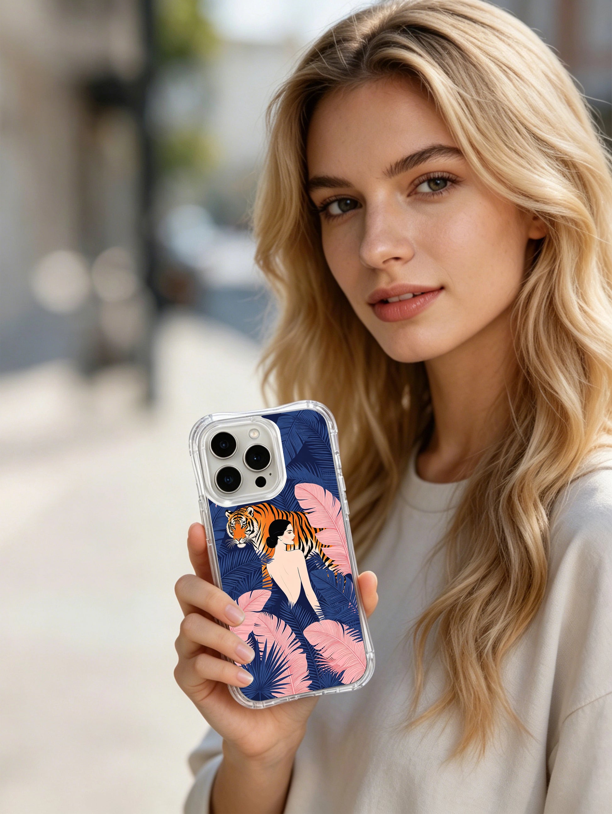 PhoneCasing iPhone 15 Pro Case made in California, featuring the Blue Jungle Tiger totem design by Elena Rostova.
