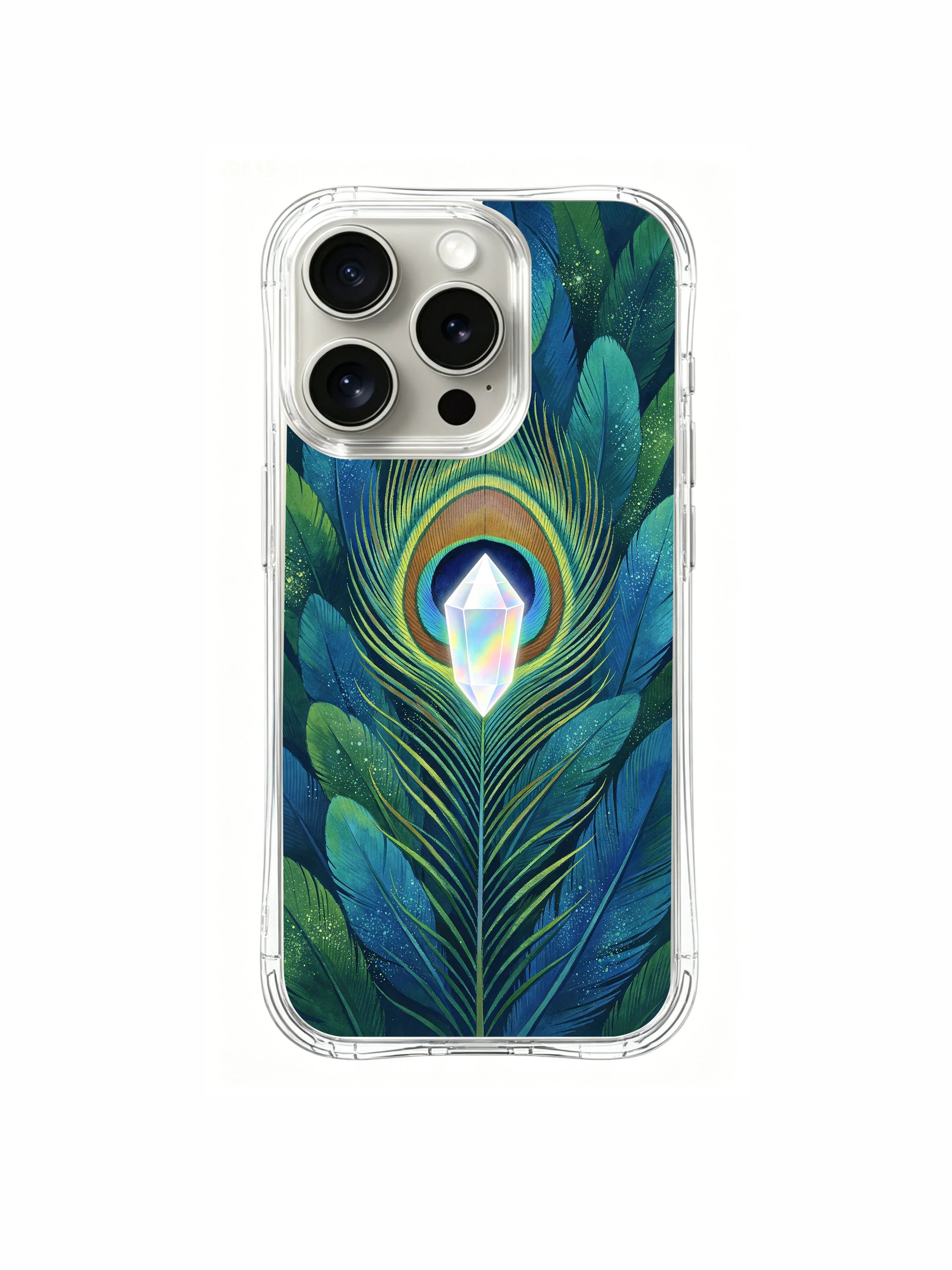 PhoneCasing iPhone 15 pro Case with tranquil peacock feather & prism crystal art, delivering steady grounded vibes amid high-pressure business schedules.