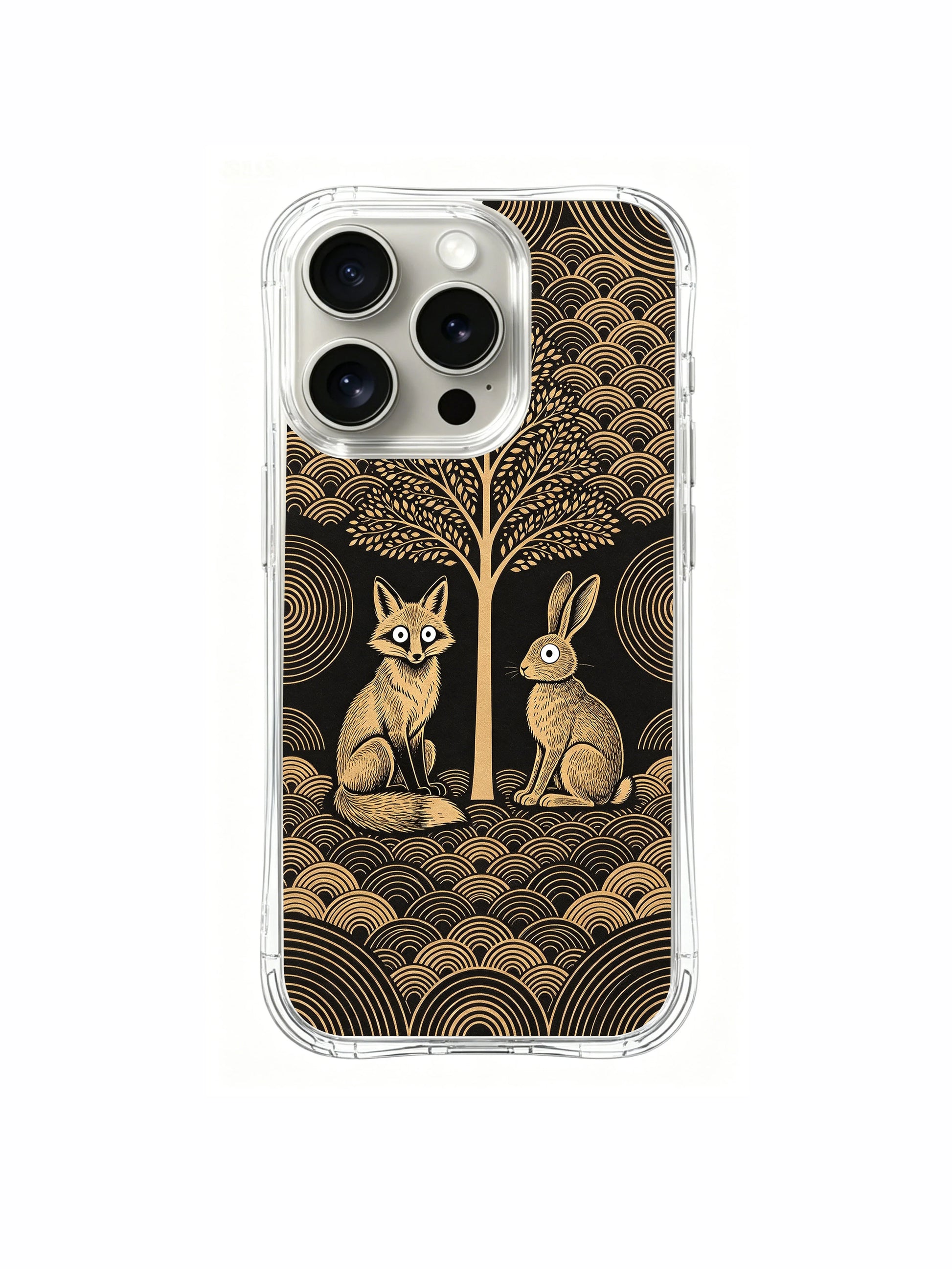 PhoneCasing iPhone 15 pro Case with tranquil retro woodland linocut art, delivering grounded focus vibes amid busy high-social work schedules.