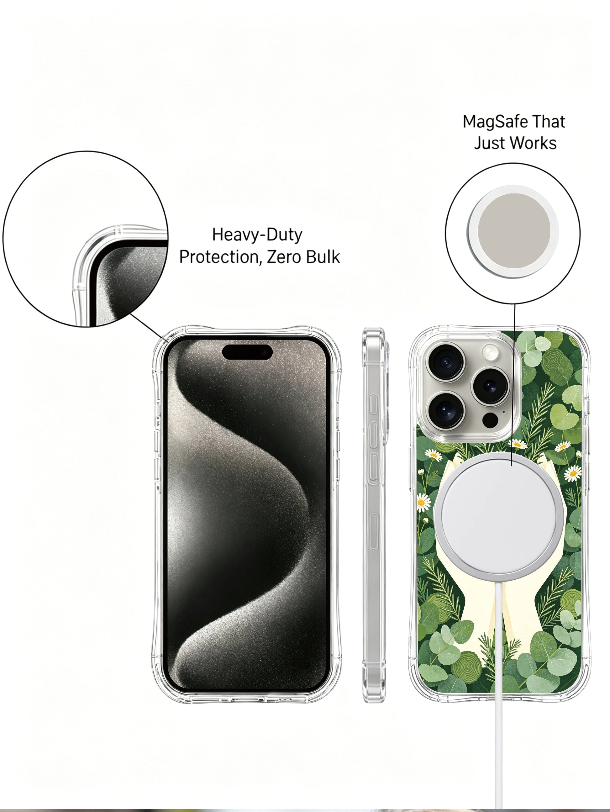 PhoneCasing iPhone 15 pro Case with calming hands and flowers, durable and stylish with a fade-proof finish.