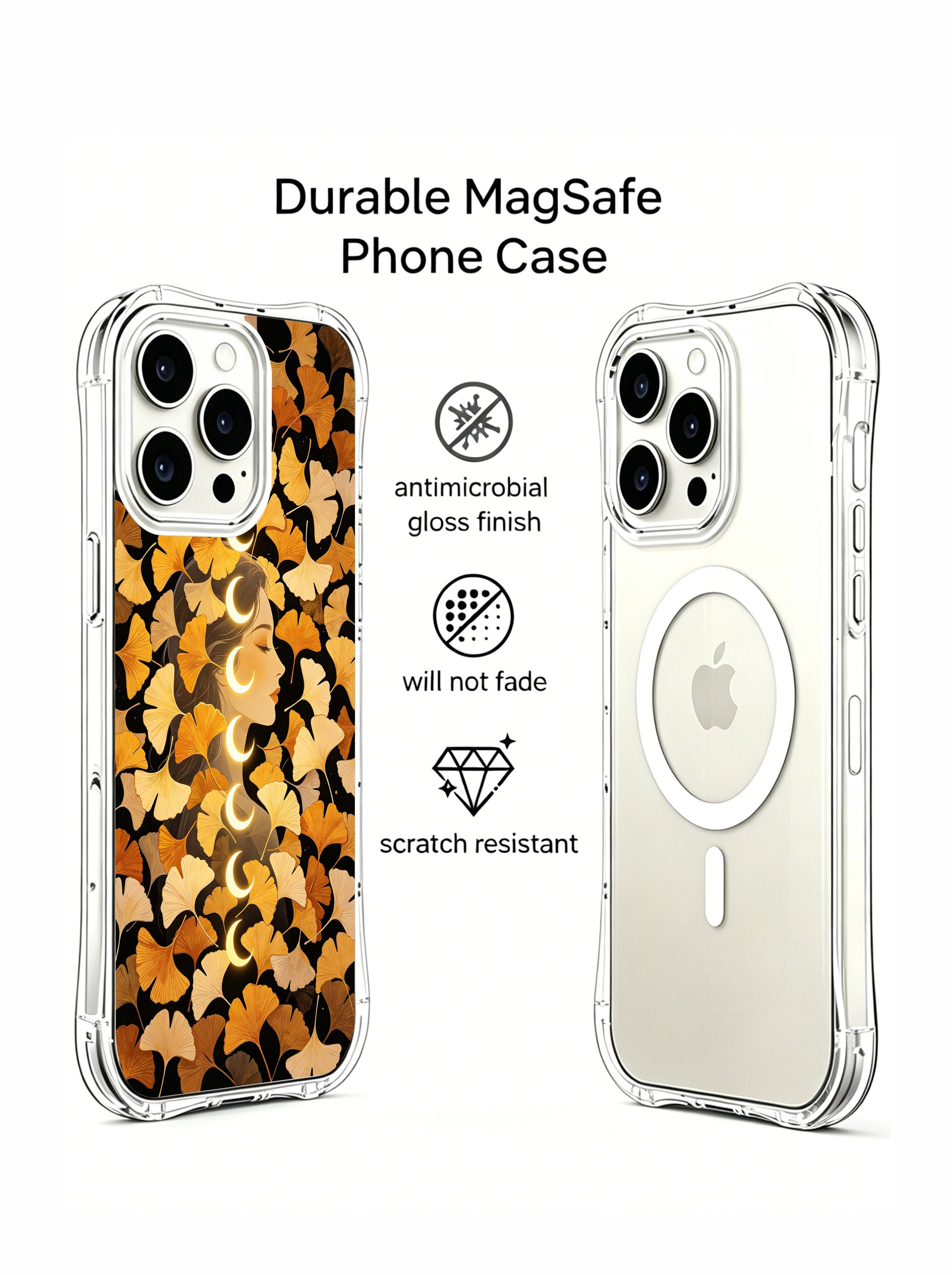 PhoneCasing iPhone 15 pro Case with the ginkgo leaves and moon phase pattern, an exclusive Elena Rostova collaboration for mindful everyday use.
