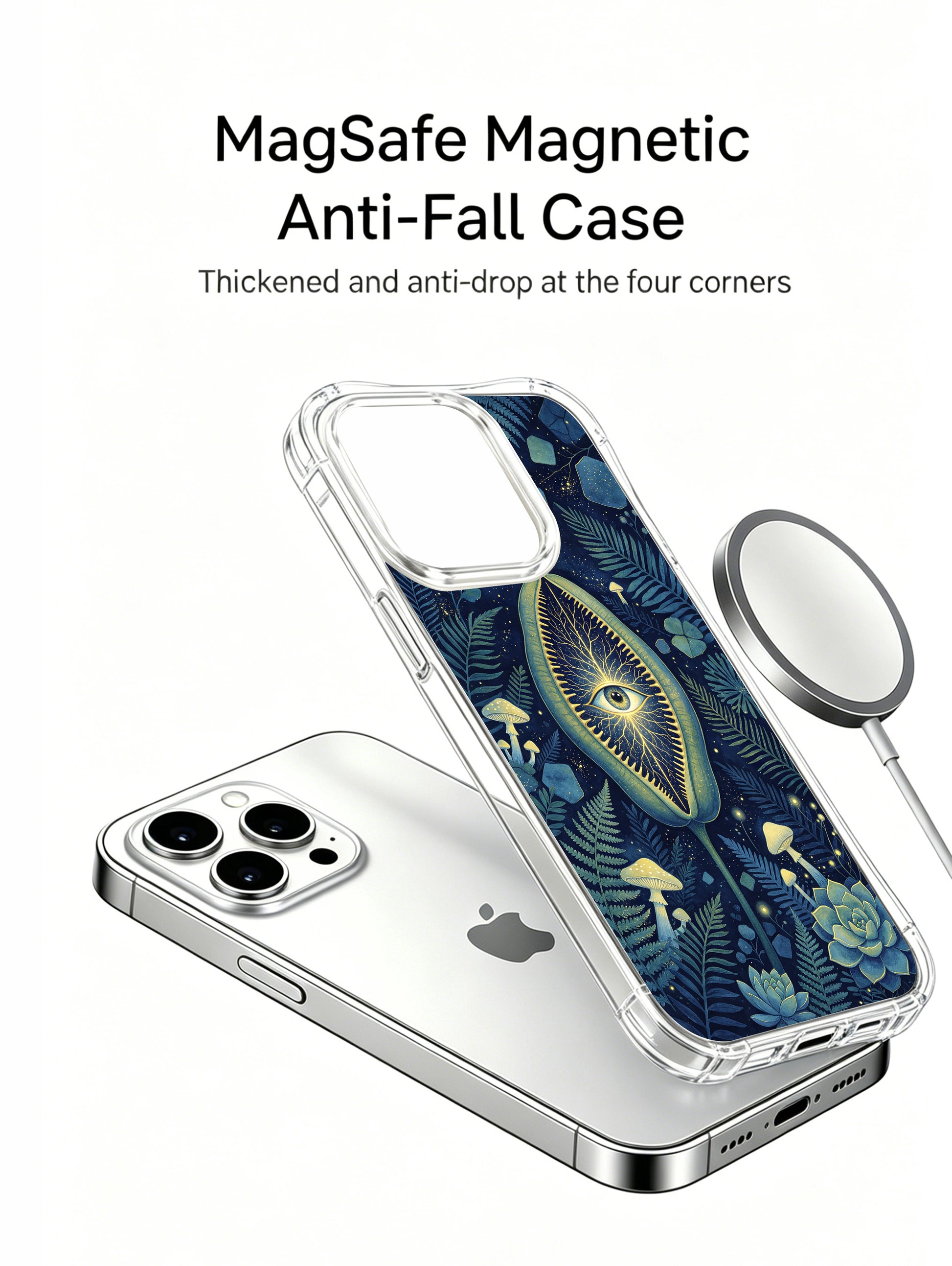 PhoneCasing iPhone 15 pro Case crafted in California with mysterious nocturnal flytrap and eye graphic, premium artist illustrated phone accessory.