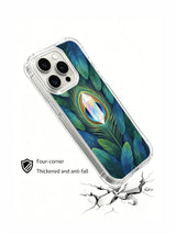 Koyu turkuaz tavus kuşu ve kristal görseli görselli iPhone 15 Pro kılıfı