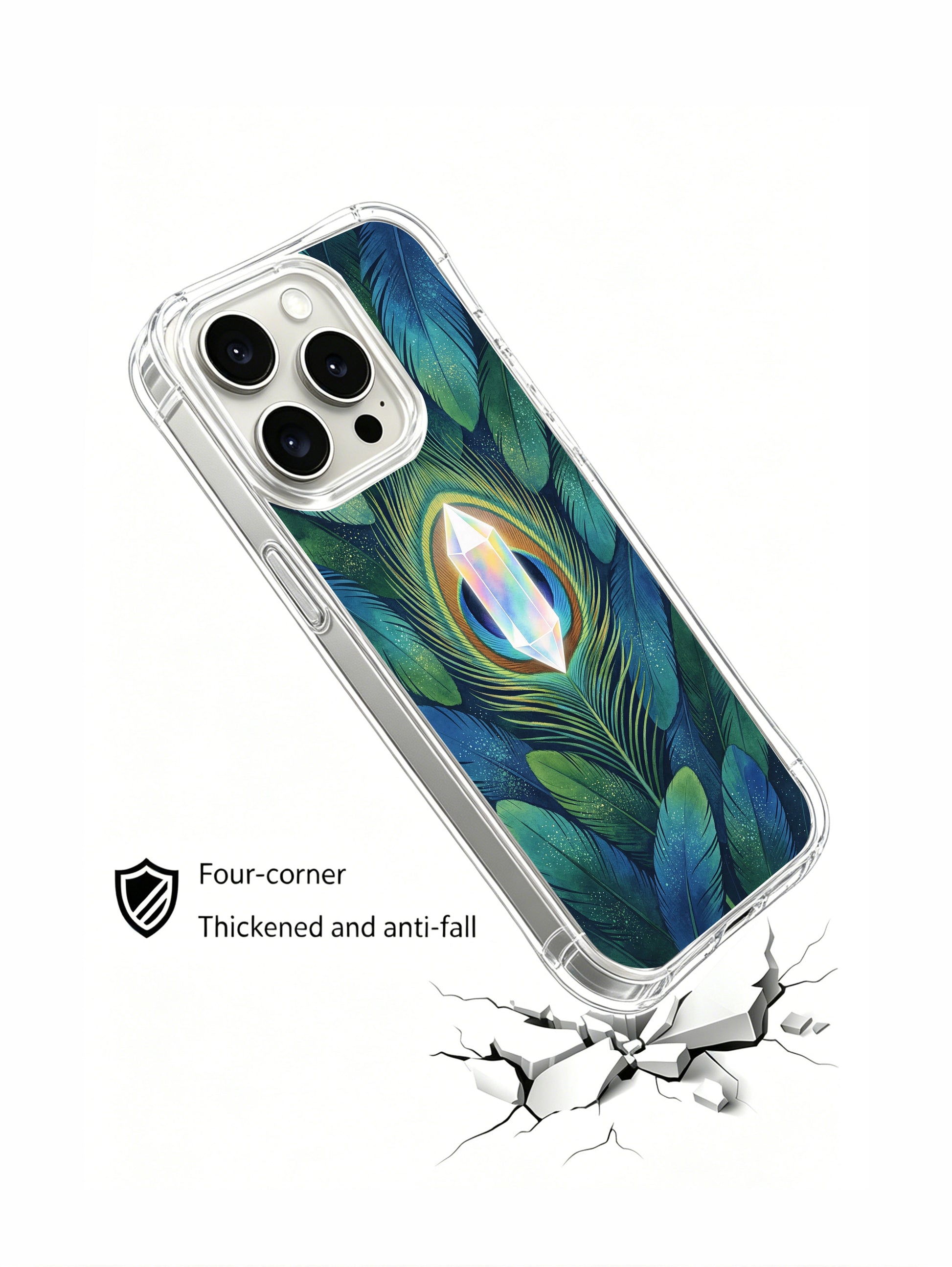 PhoneCasing iPhone 15 pro Case crafted for resilient modern females, showcasing symbolic mind crystal peacock artwork by Elena Rostova.