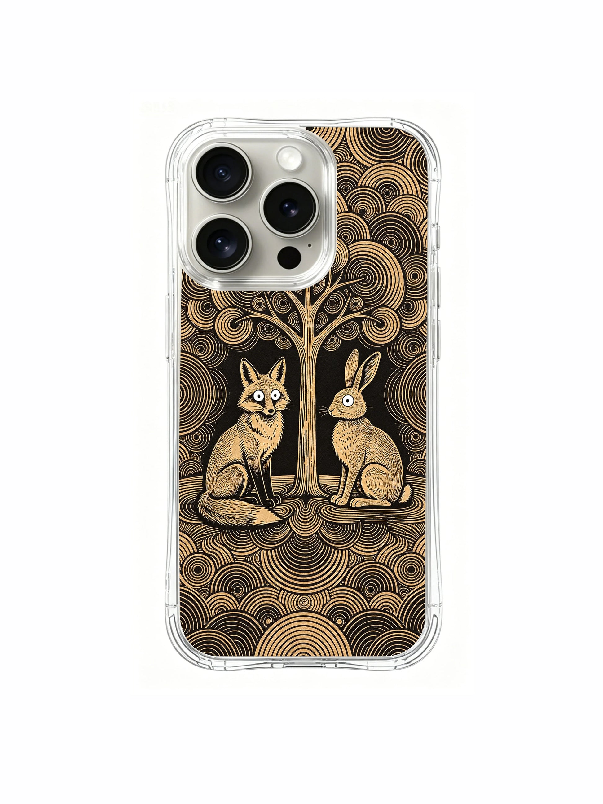PhoneCasing iPhone 15 pro Case heavy-duty drop-proof shell, fade-free concentric ripple woodland fox rabbit printed graphic.