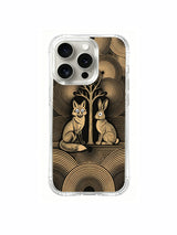 PhoneCasing iPhone 15 pro Case original Elena Rostova folk linocut art, woodland pair symbolizing mental filtering and undistracted focus for career women.