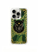 PhoneCasing iPhone 15 pro Case features Elena Rostova’s regal black panther & golden ivy artwork, empowering vintage tropical design for authoritative career women.
