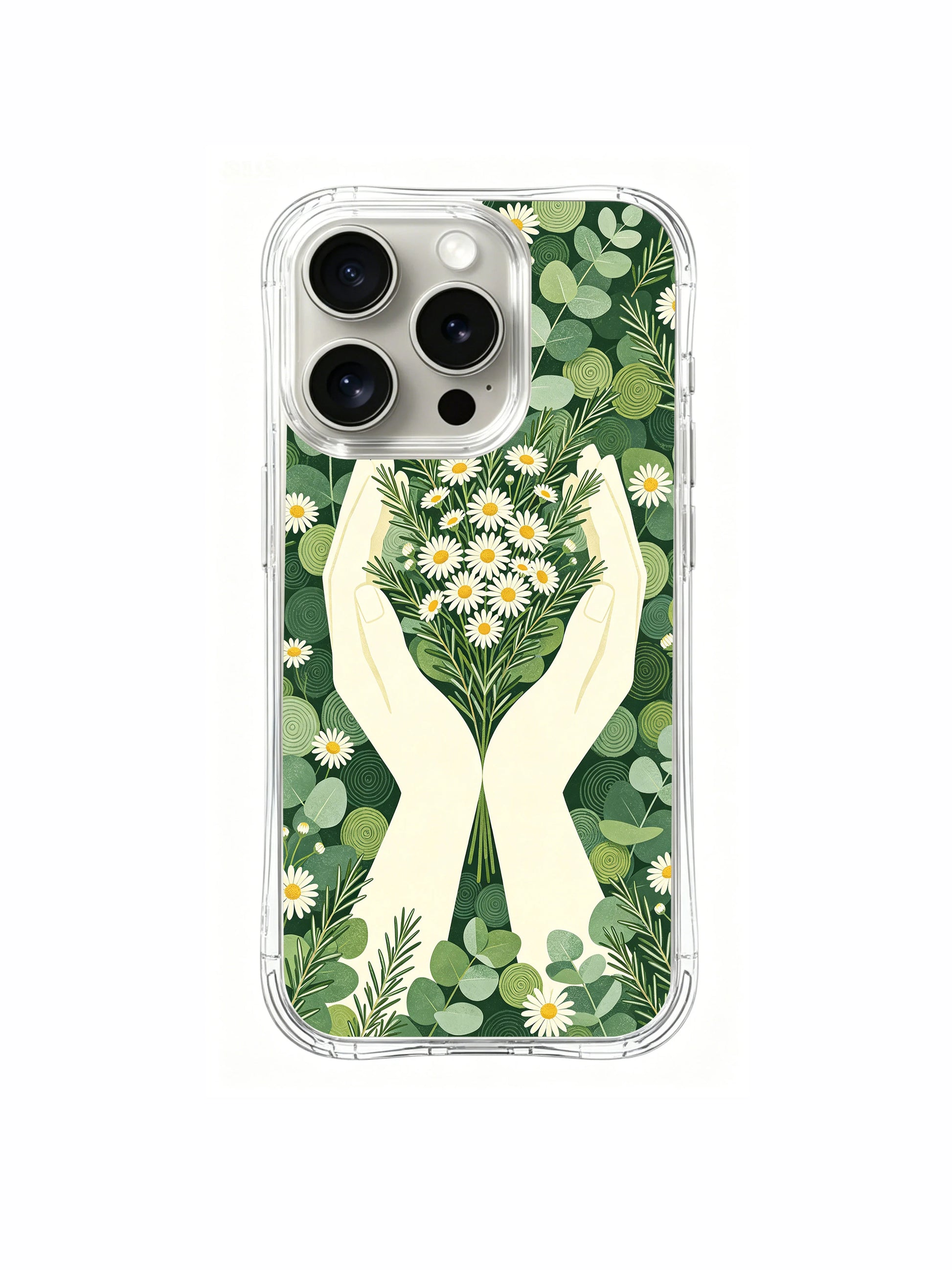 PhoneCasing iPhone 15 pro Case featuring Elena Rostova’s "Eucalyptus & Daisy Hands" art, a calming nature-inspired design for daily peace.
