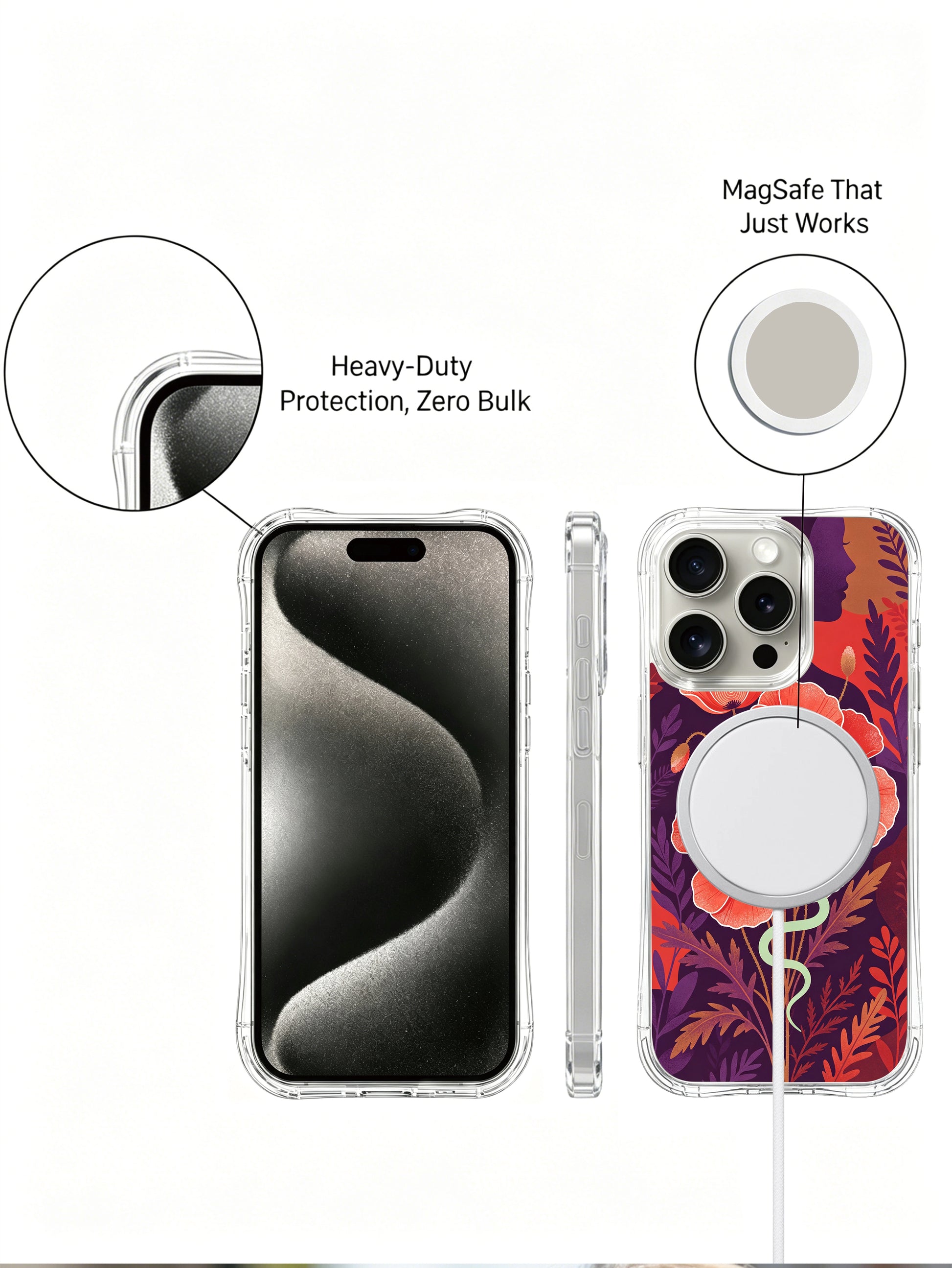 PhoneCasing iPhone 15 Pro Case Elena Rostova healing art, poppy and serpent design for stress relief.