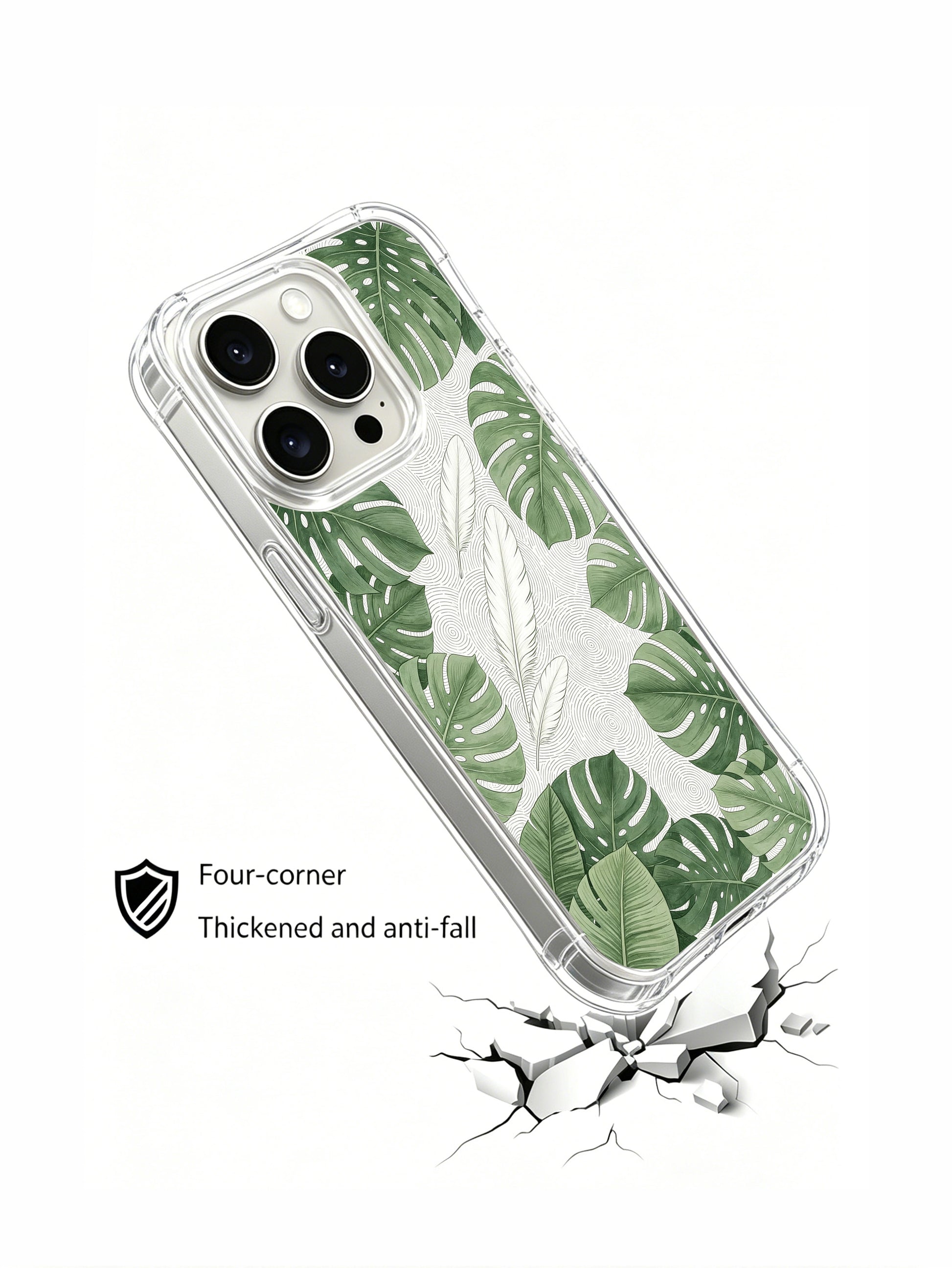 PhoneCasing iPhone 15 Pro Case featuring Elena Rostova’s "Monstera Fingerprint" art, a calming nature design for grounded vibes.