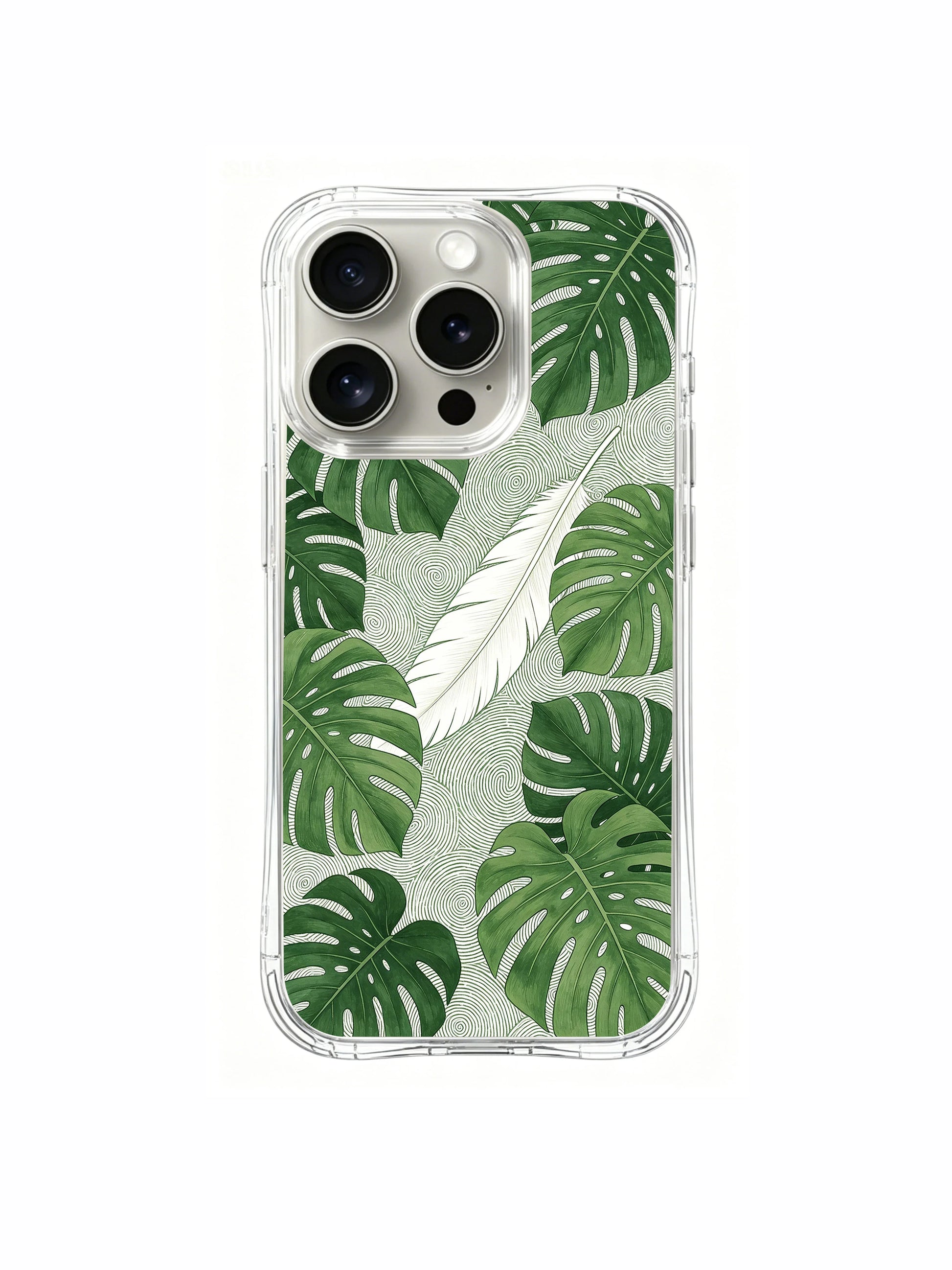 PhoneCasing iPhone 15 Pro Case featuring Elena Rostova’s "Monstera Fingerprint" art, a calming nature-inspired design for everyday grounding.