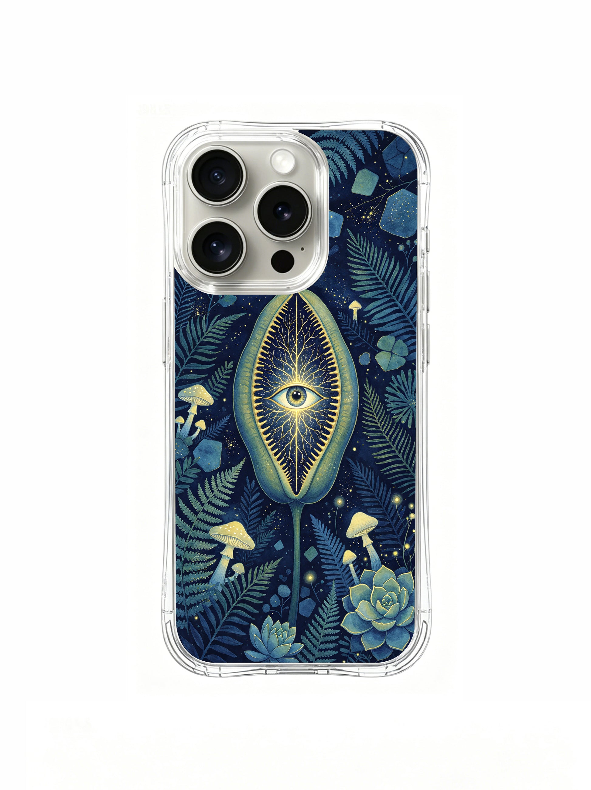 PhoneCasing iPhone 15 pro Case features Elena Rostova’s night flytrap & all-seeing eye art, empowering minimalist design for intuitive professional women.

