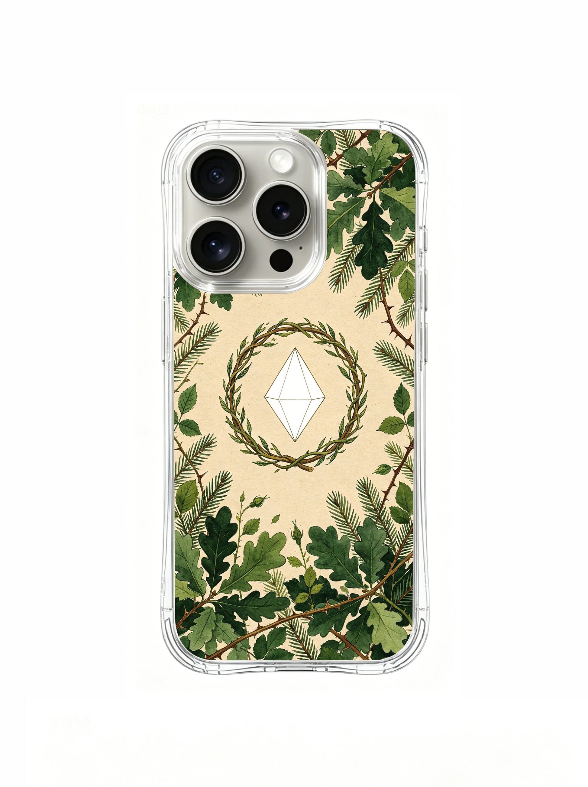 PhoneCasing iPhone 15 pro Case featuring Elena Rostova’s "Thorn Wreath & Diamond" art, a sophisticated botanical design for the modern leader.