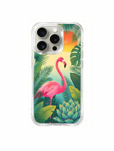 Vibrant flamingo artwork on an iPhone 15 Pro case
